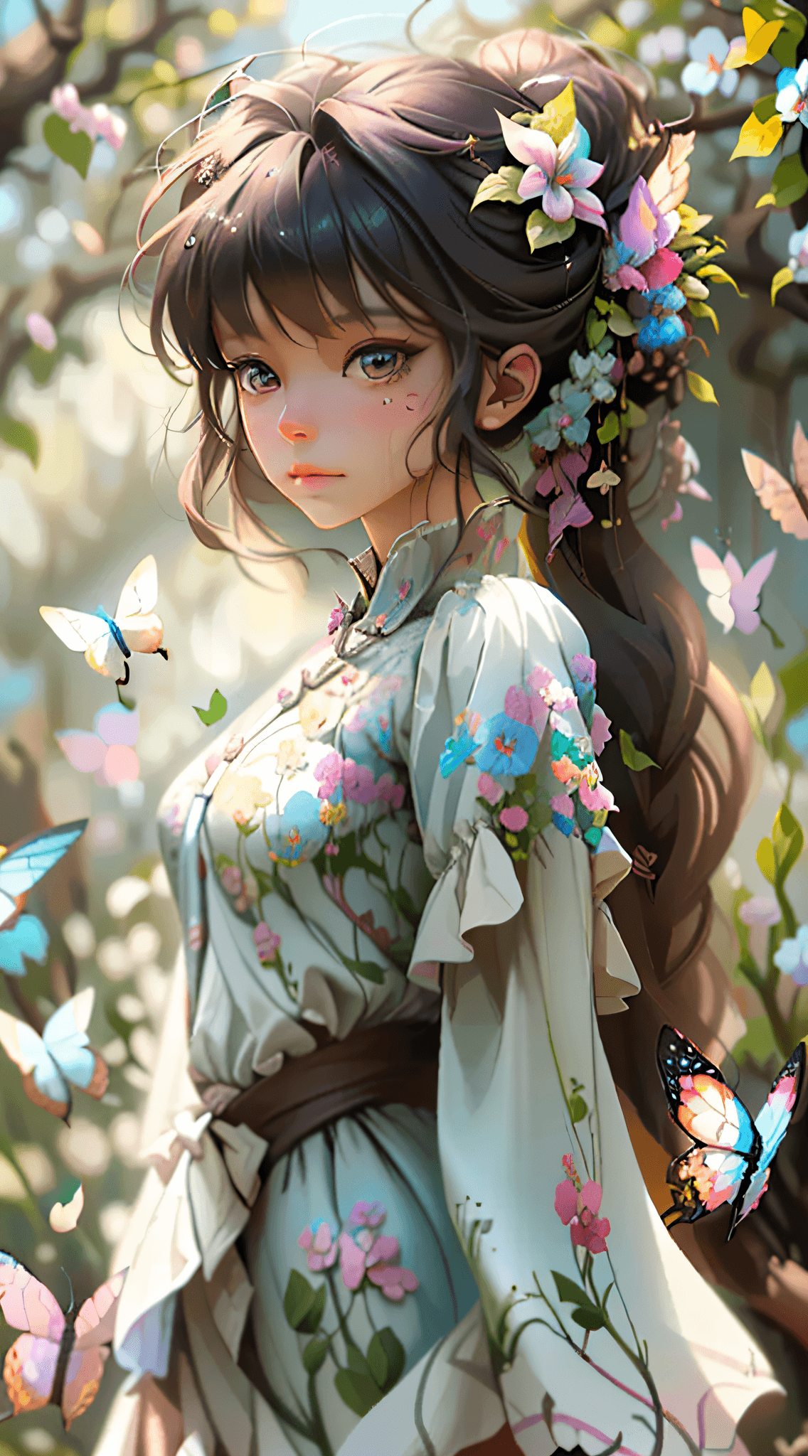 AI generated: A girl with colorful and delicate flowers on her skin, with butterflies flying through her nose, bra...