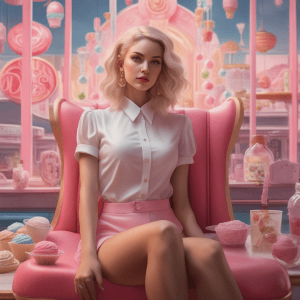AI generated: blond woman sitting on a pink chair in a pink ice cream parlor, sydney sweeney, official artwork, po...