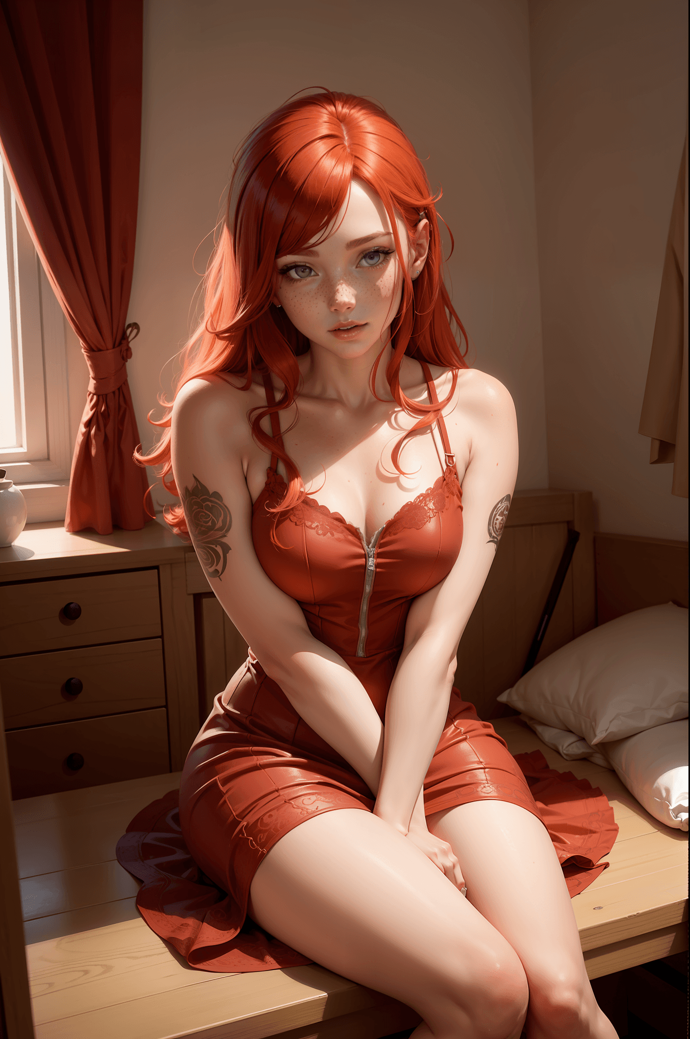 AI generated: a red hair girl, wtih freckles, sitting in her room, ultra detailed face, detailed face,