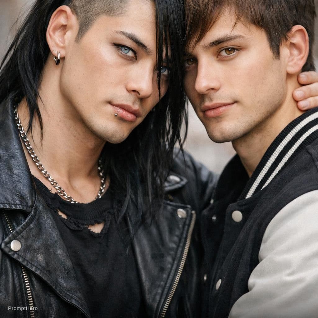 AI generated: Two 24-year-old men: one is Japanese-Latino with ice-blue eyes, long black hair, and shaved sides, s...