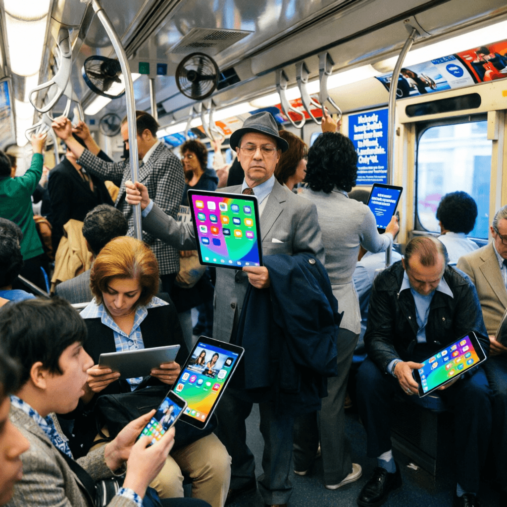 AI generated: Make modern version of this with modern phones and tablets for the people to read on in color