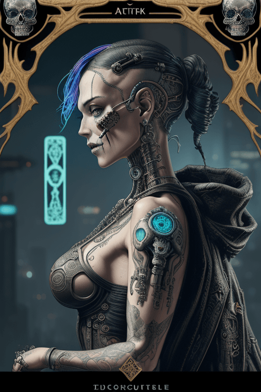 AI generated: tarot card with intricate detailed frame around the outside |side profile of cyberpunk body with cyb...