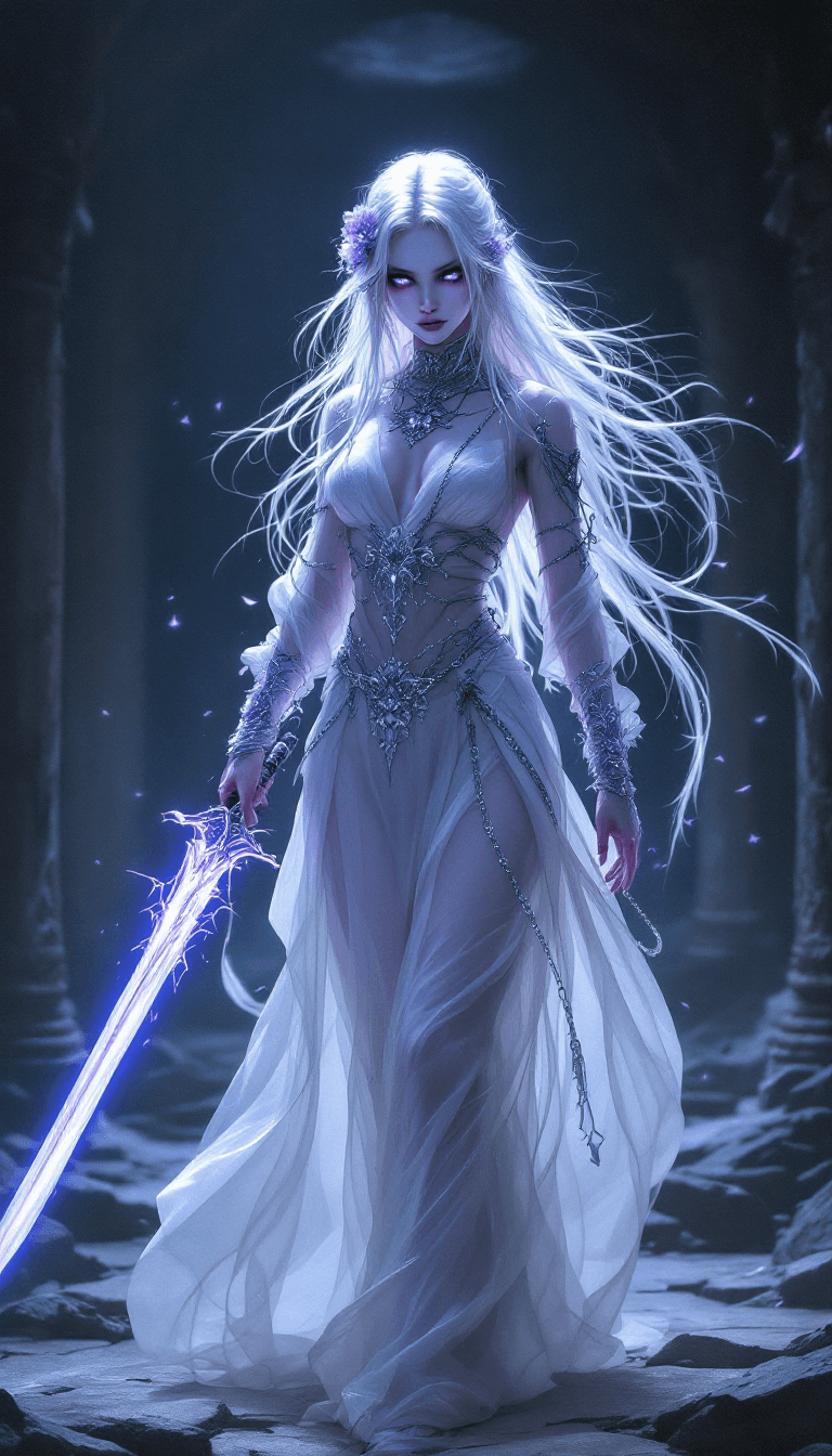 AI generated: The Spectral Sword Master: A haunting and graceful warrior with long, platinum blonde hair, styled i...