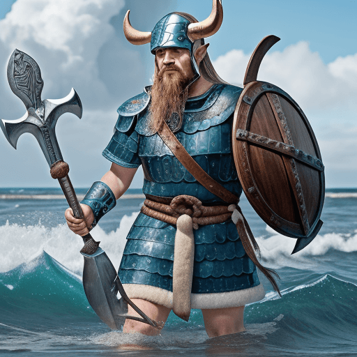 AI generated: Vikingo emergiendo del mar, mojado, con cara de enfadado; casco con cuernos de búfalo
