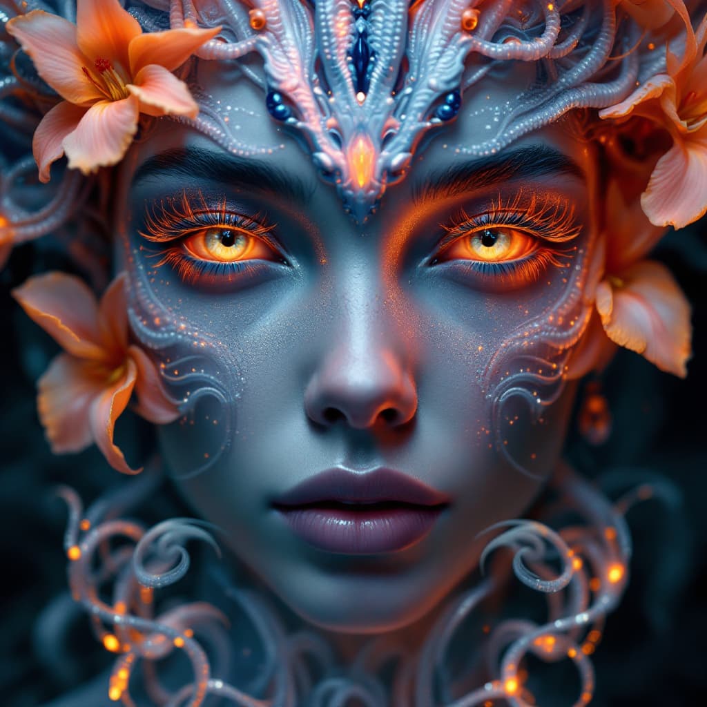 AI generated: Goddess close-up portrait ribcagel. jellyfish phoenix head, nautilus, orchid, skull, betta fish, bio...