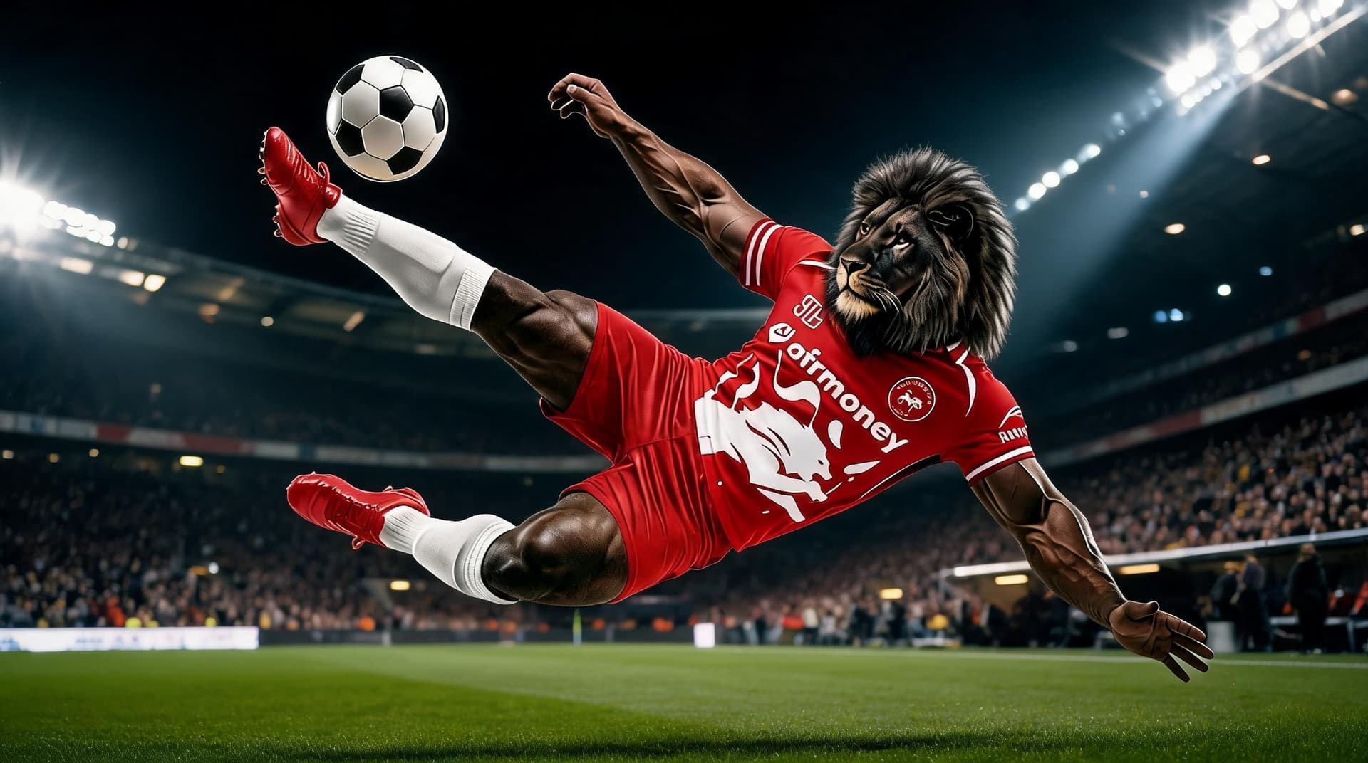 AI generated: place the character in a football stadium at night the stadium is lit by stadium lights and the char...