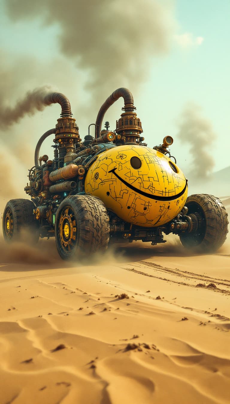 AI generated: A highly detailed, photorealistic scene of a futuristic, steampunk-inspired vehicle racing across a ...