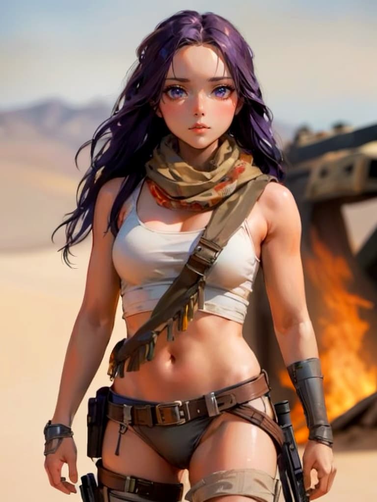 AI generated: In a post-apocalyptic scene, a pretty female in bare clothing, with a desert scarf, desert, campfire...