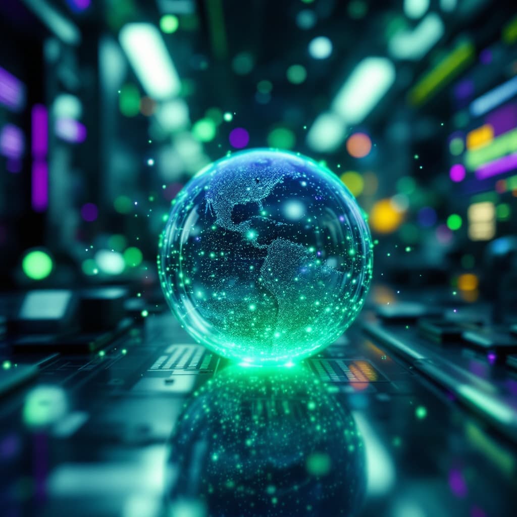AI generated: futuristic, cyberpunk aesthetic, particles, big data, products , purple green accents, soft diffused...