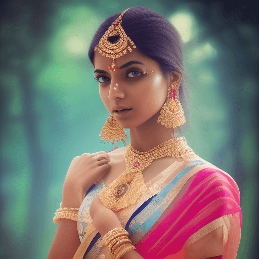 AI generated: very beautiful indian girl in bright saree, white deep neck blouse, full body charismatic personalit...