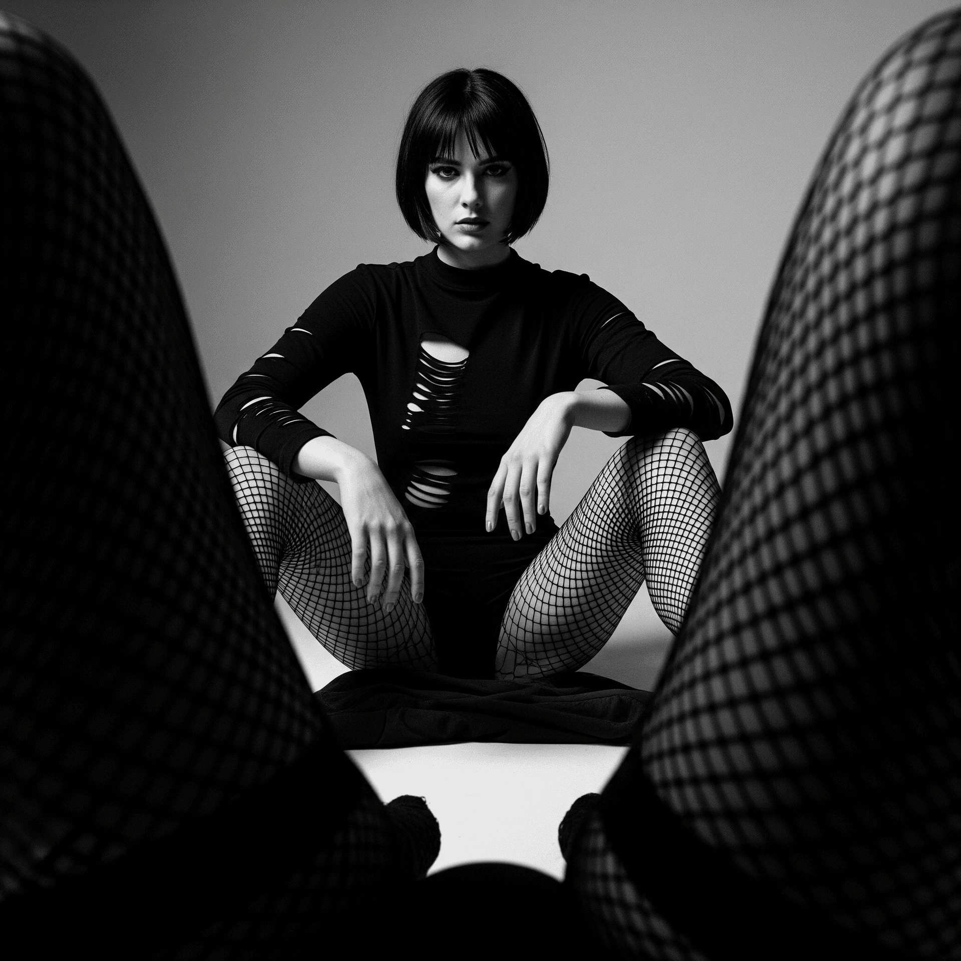 AI generated: High-contrast, black-and-white, full-body studio portrait of a woman sitting on the floor, looking d...