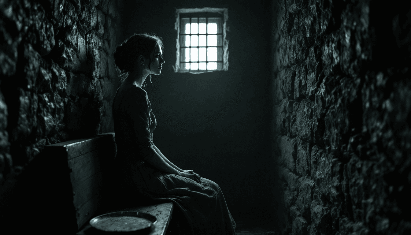 AI generated: A solitary woman sits on a narrow wooden bench in a dimly lit Victorian-era prison cell, her figure ...