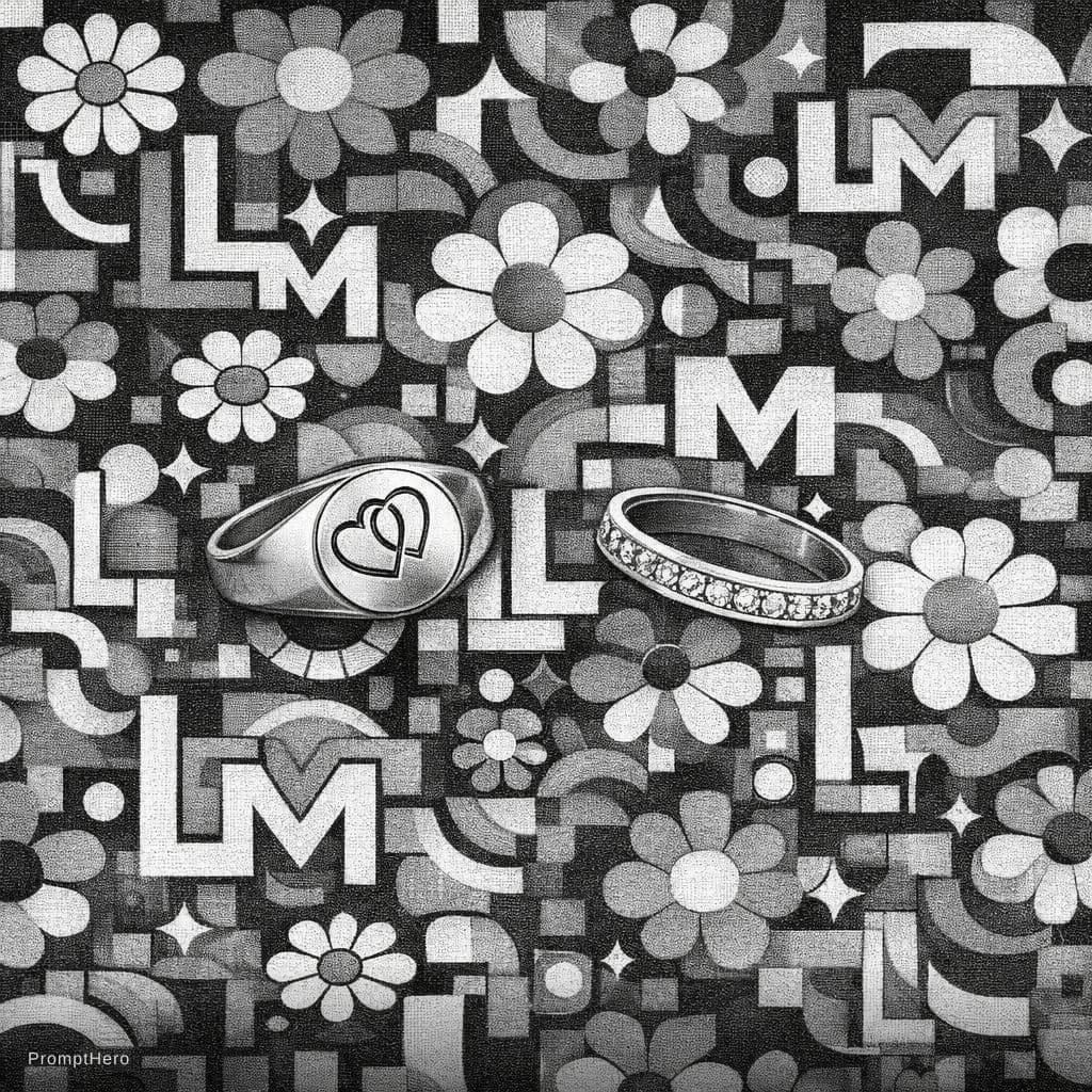 AI generated: Make a black and white version of this design. Integrate two wedding rings in the same style. one ri...