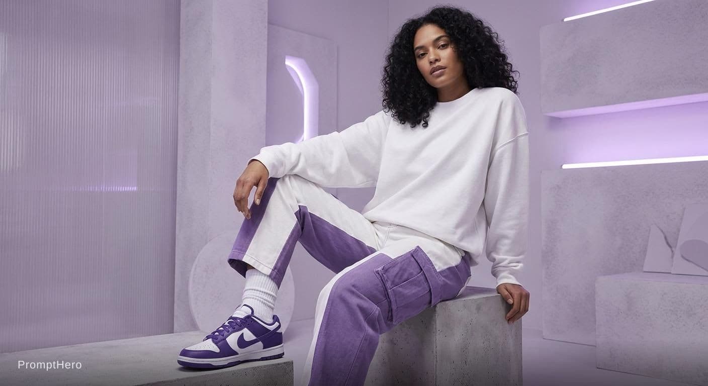 AI generated: Oversized white sweatshirt, white purple oversized combat jean, styled with footwear: white purple n...