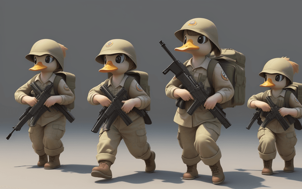 AI generated: Little ducklings holding guns in their hands and going to war. Realistic light and realistic ducklin...