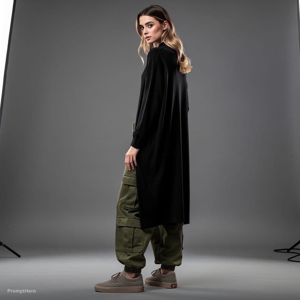 AI generated: Generate this image: fashion editorial for Vogue magazine. High resolution photograph, rear shot of ...