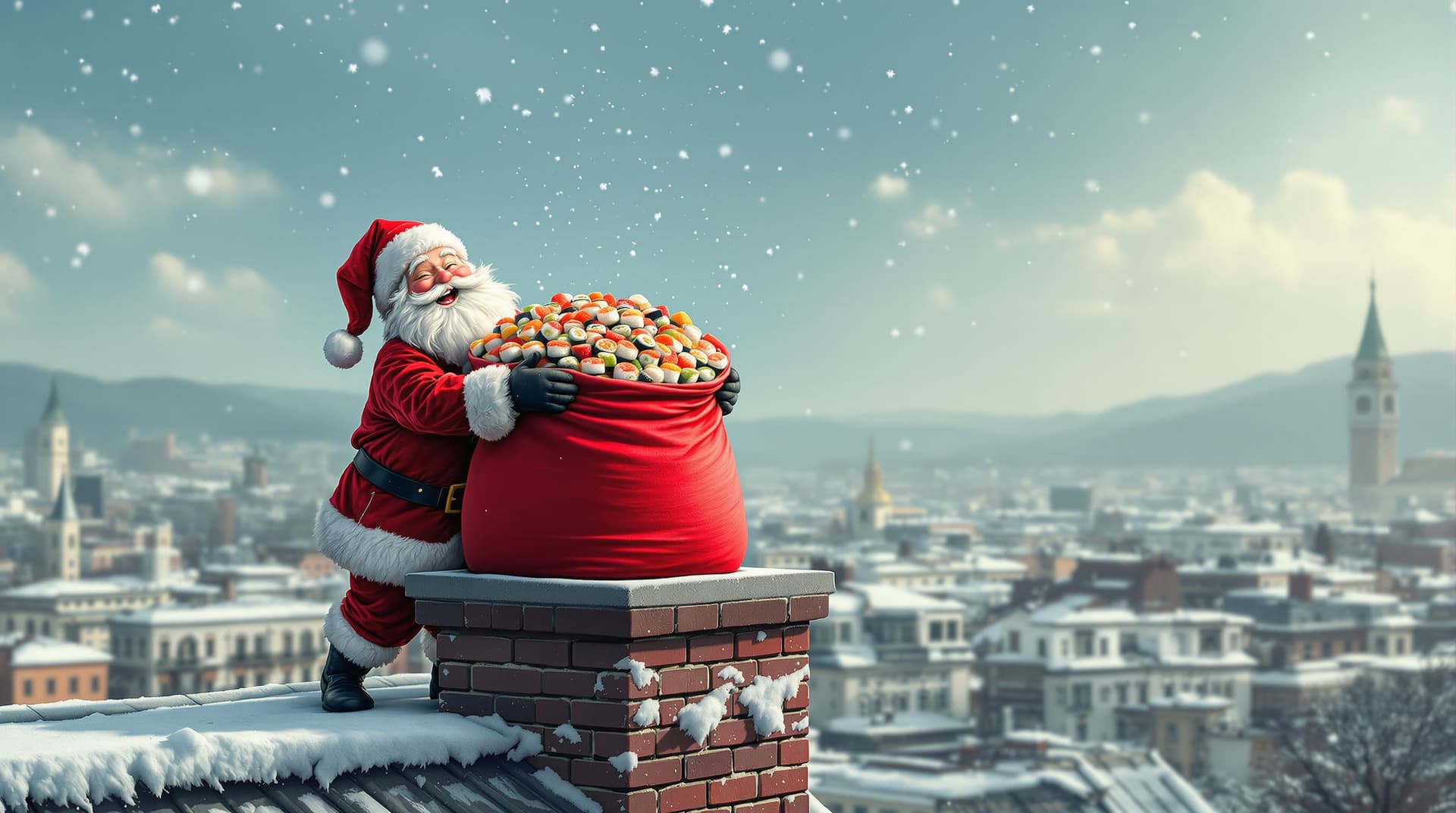 AI generated: Santa Claus with joyfull expression next to a chimney on a rooftop, the chimney is filled with a lar...