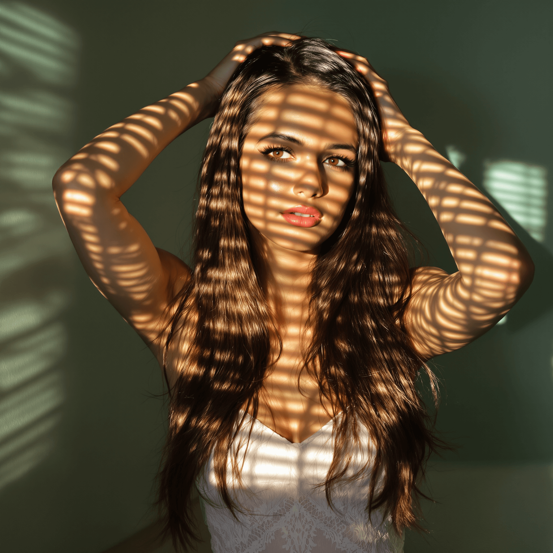 AI generated: Full body of a long and flat hairs brunette woman, holding her head, illuminated by soft, warm after...
