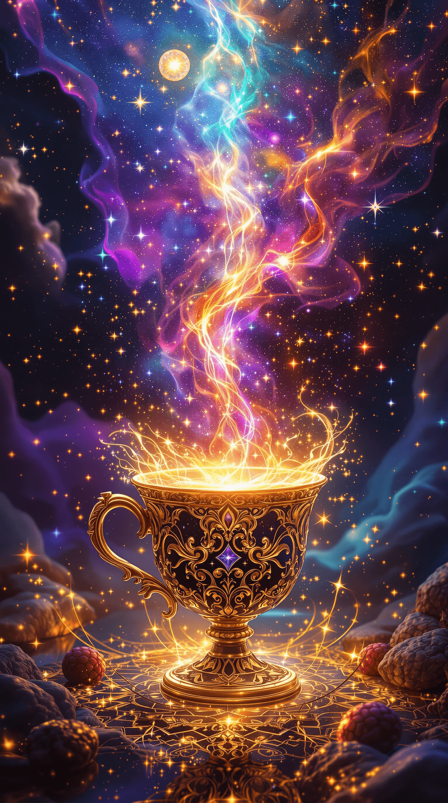 AI generated: A celestial scene of the universe being poured into a luxurious potion bottle cup, surrounded by vib...