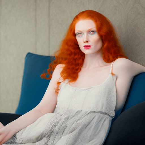 AI generated: A very beautiful ginger woman sitting on a black luxury couch, She's angled towards the camera, legs...