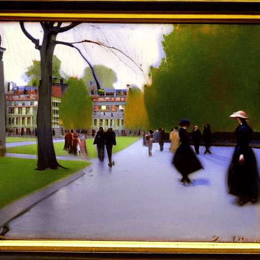 AI generated: people in the city park 1885. 18th century street houses in the background. style: Anders Zorn 