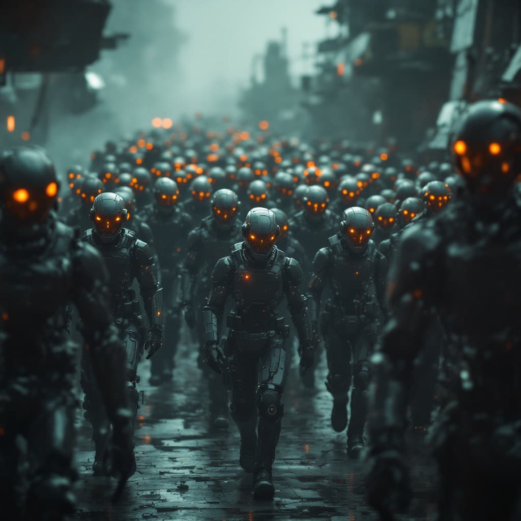 AI generated: An army of cybernetic soldiers marching, muted colors, photorealistic, cinematic, cinematic lighting...