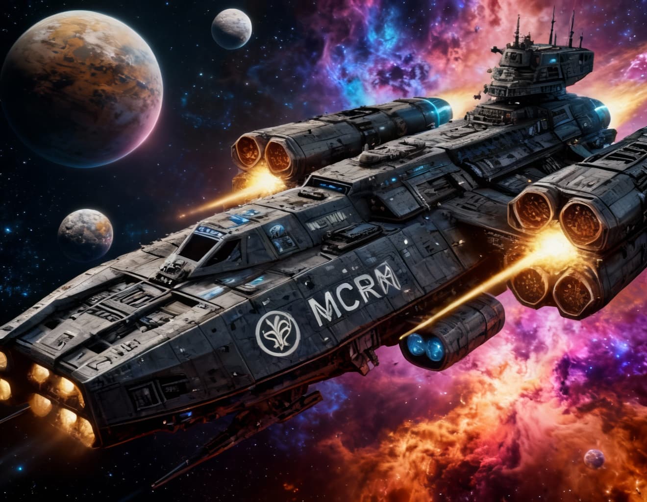 AI generated: Imagine, in detail, an alien spaceship to show a new design. An alien Mega Supercarrier. Show it in ...