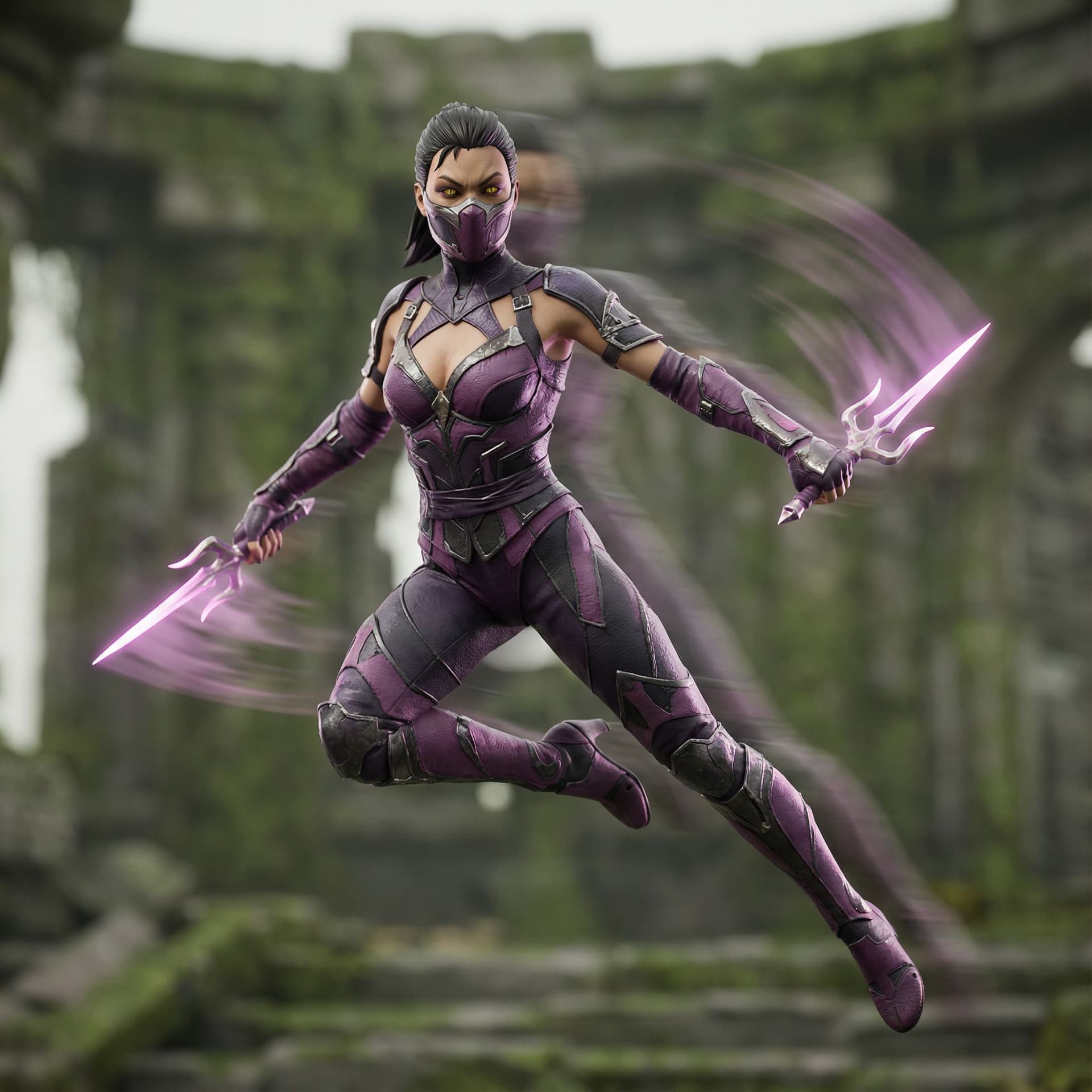 AI generated: Full body photoshoot of action pose motion blur incredible "Mileena" with half face mask, snake eyes...