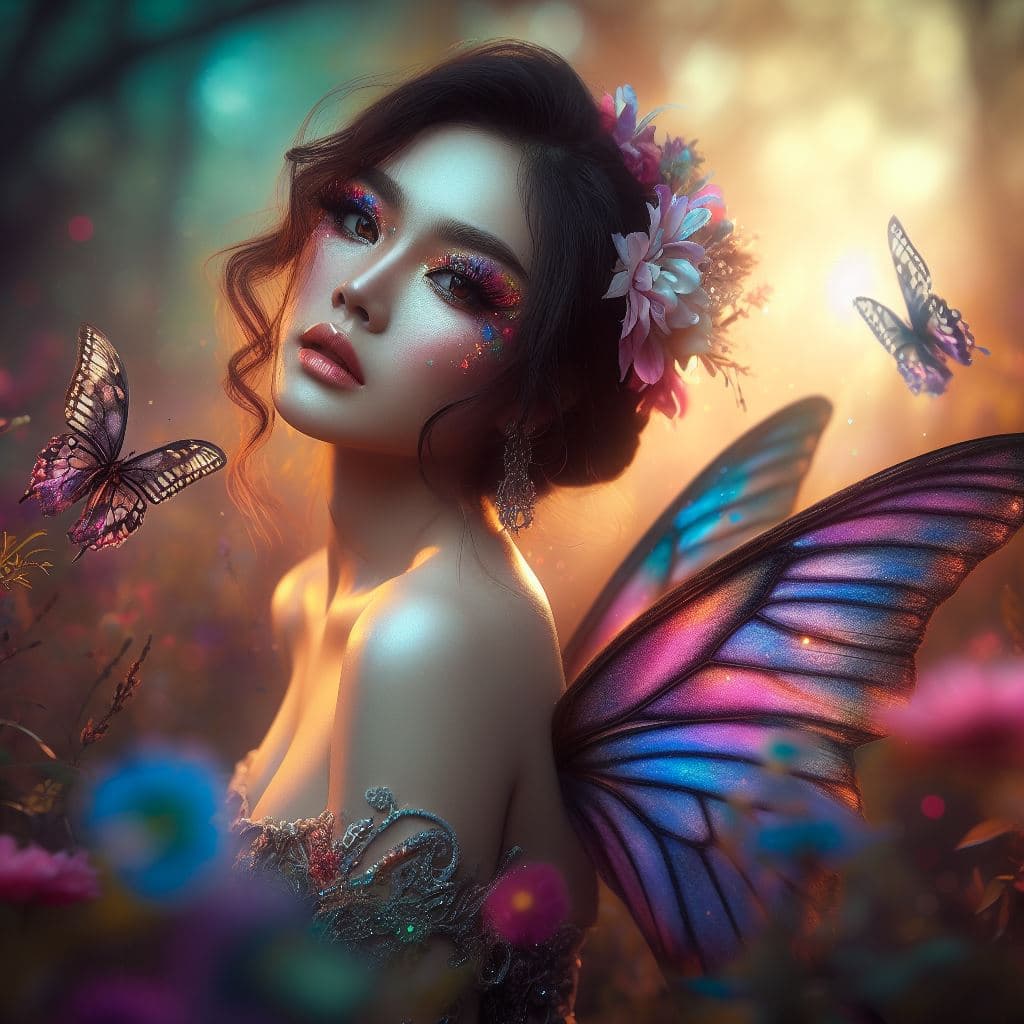 AI generated: Image of a beautiful woman as a butterfly in a fantasy world she has a mystical aura, she looks long...
