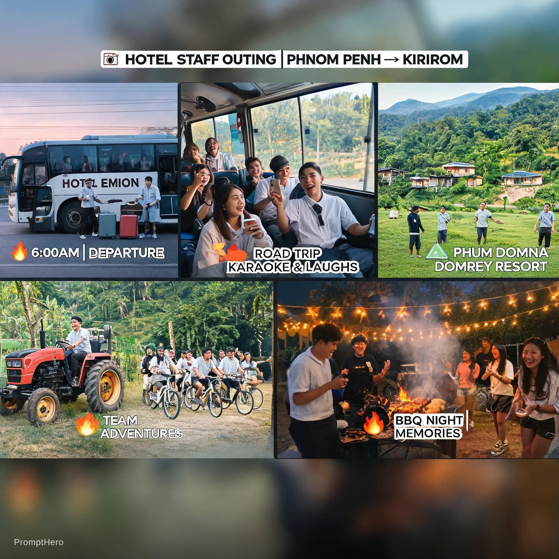 AI generated: Create a cinematic and emotional travel vlog for a hotel staff outing trip from Phnom Penh to Phum D...