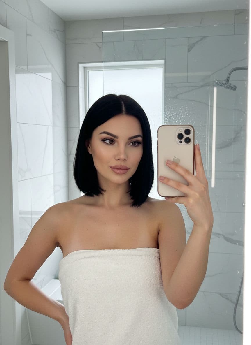 AI generated: A hyper-realistic portrait of a stunning brunette woman with a sleek, jet-black shoulder-length bob ...