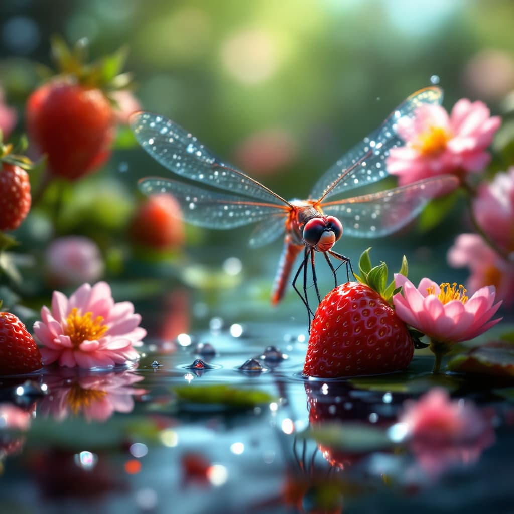 AI generated: Super-realistic, photo realism, mesmerizing and vivid colours depicting a dragonfly delicately perch...