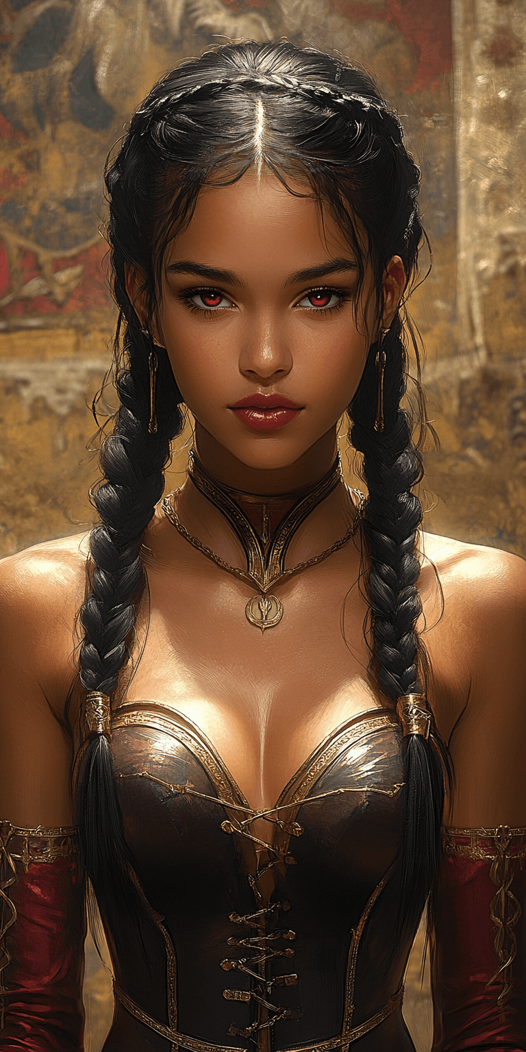 AI generated: A woman with dark skin, braided black hair, and red eyes, wearing an elegant outfit with gold and cr...