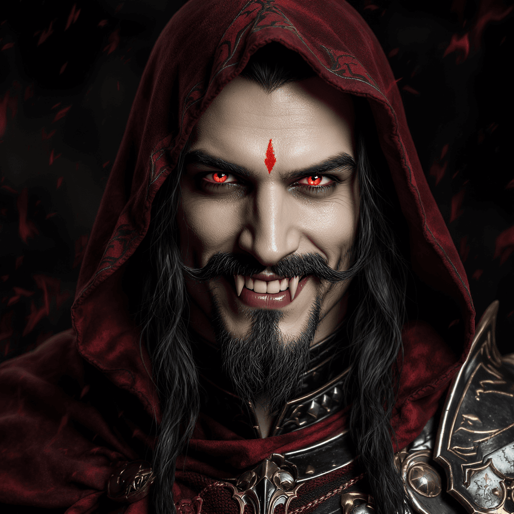 AI generated: High resolution photography, photorealistic close-up portrait mature male vampire. flowing long dark...