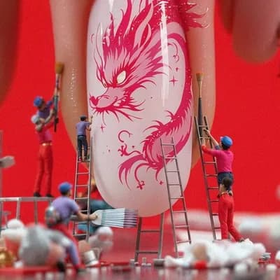 AI generated video: Tiny miniature workers in uniforms are painting and drawing super cute ombre cute pink dragon on the...