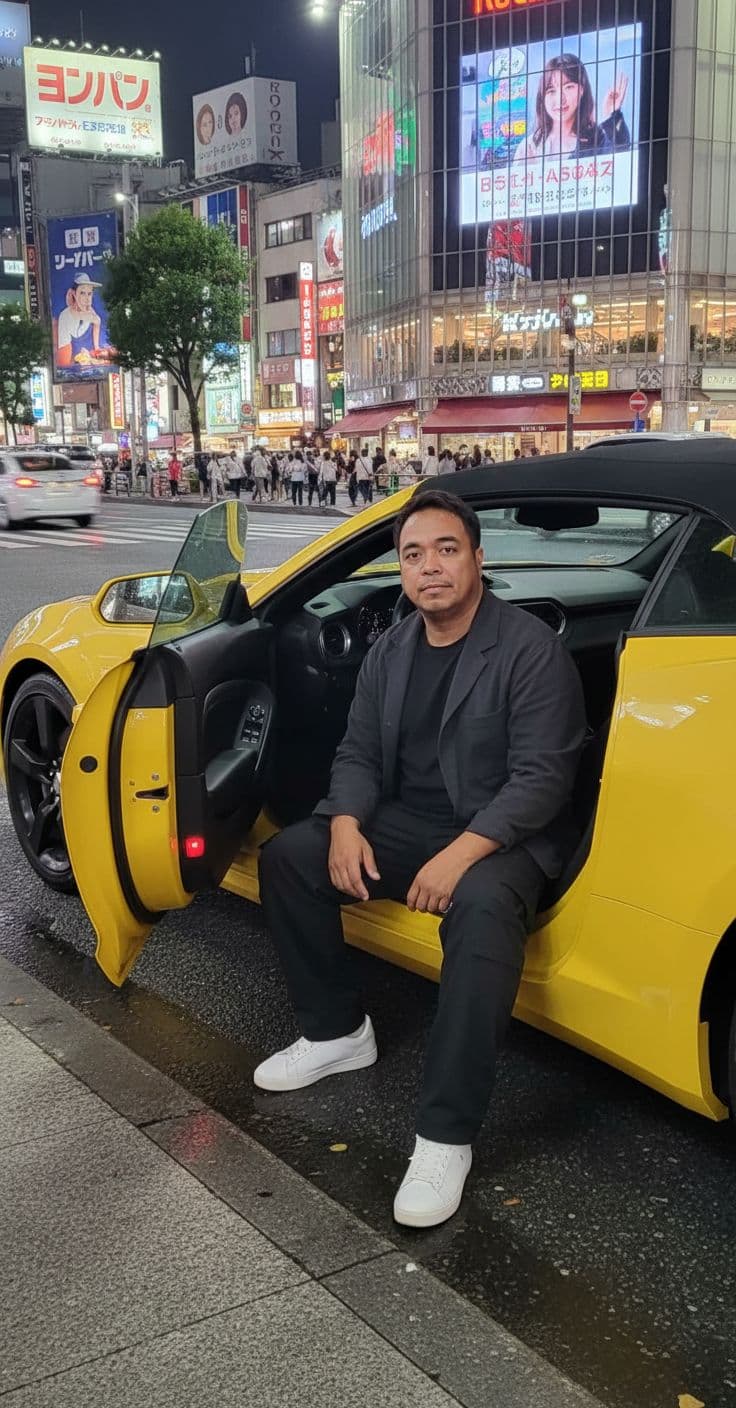 AI generated: A young man with an ideal, well-proportioned body is sitting casually in a luxurious yellow chevrole...