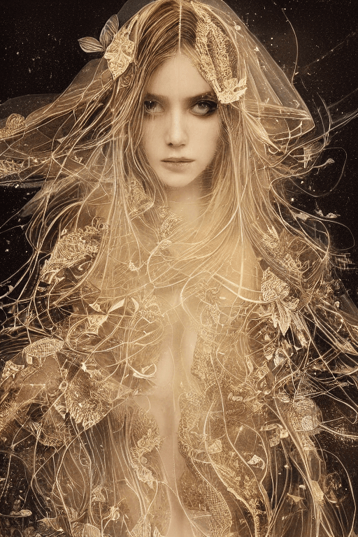 AI generated: 1woman,beautiful,long hair,gold lining,veil, by Minjae Lee, Carne Griffiths, Emily Kell, Steve McCur...