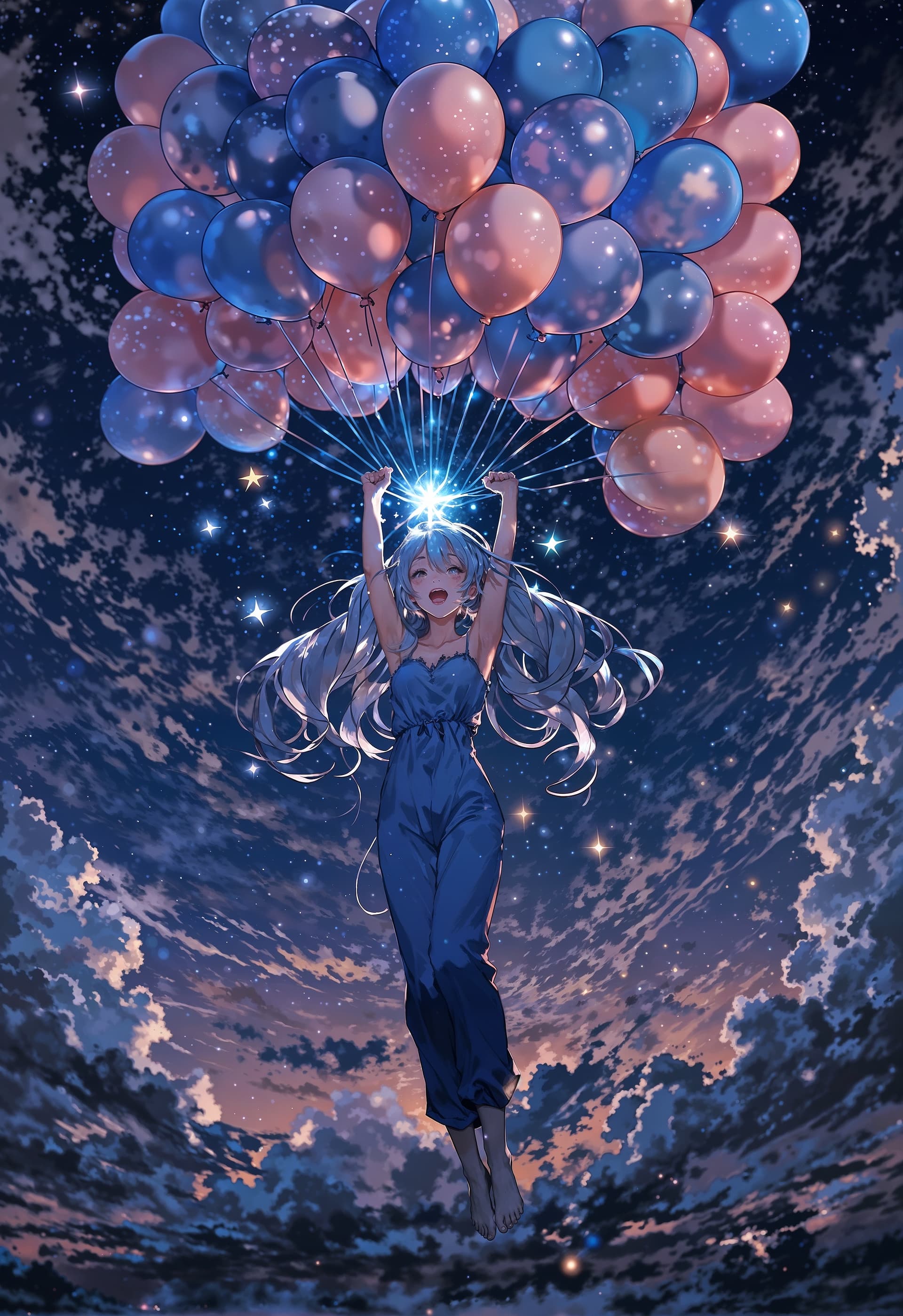 AI generated: A gorgeous anime woman wearing a jumpsuit being held a float by many balloons, she is in the night s...