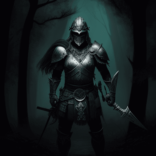 AI generated: Cool looking warrior with helmet and spooky looking weapon in the dark forest
