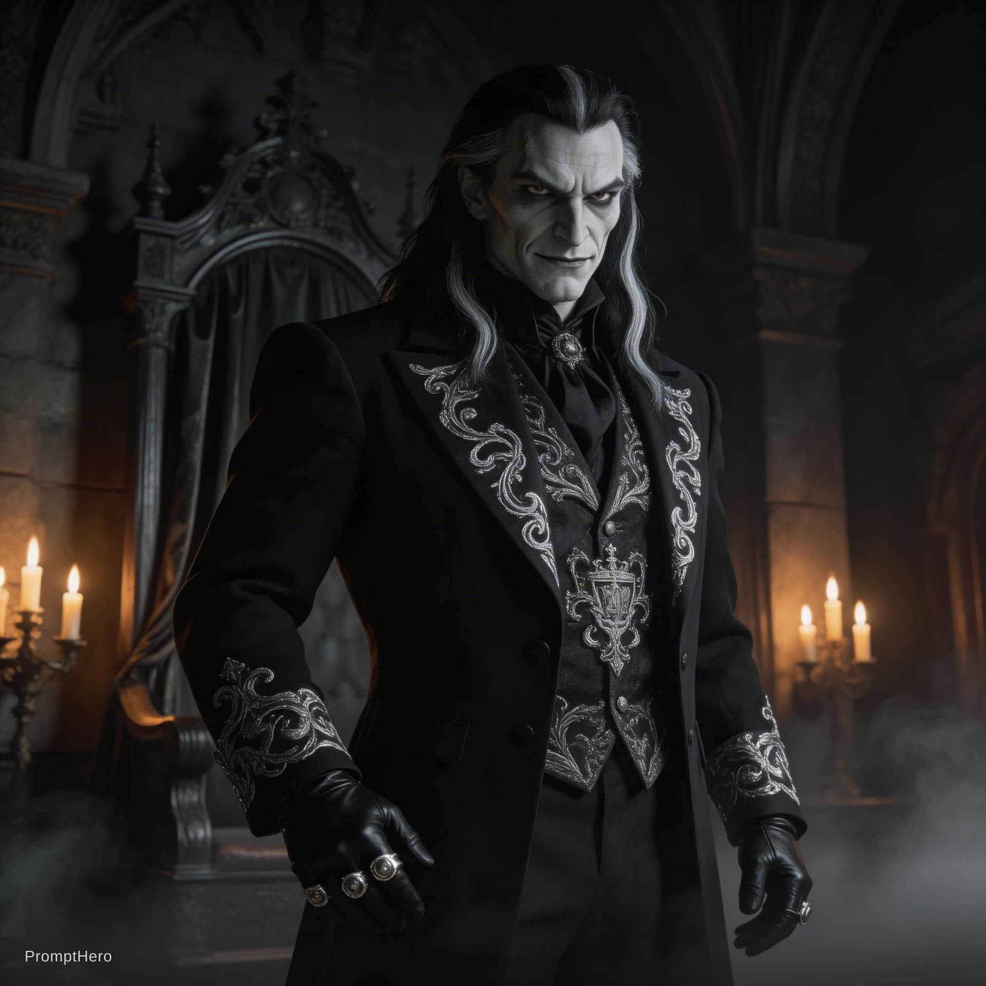 AI generated: Dark evil king, gothic Victorian style inspired by Sweeney Todd and Fleet Street atmosphere, pale sk...