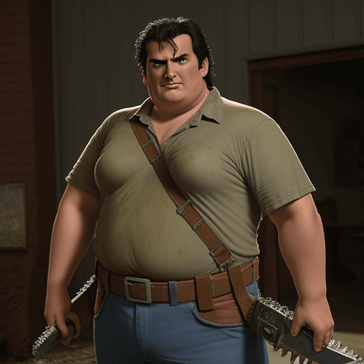 AI generated: Javier Mile, fat, double chin, as Ash, from Army Of Darkness, the Sam Raimi film, his left arm is co...