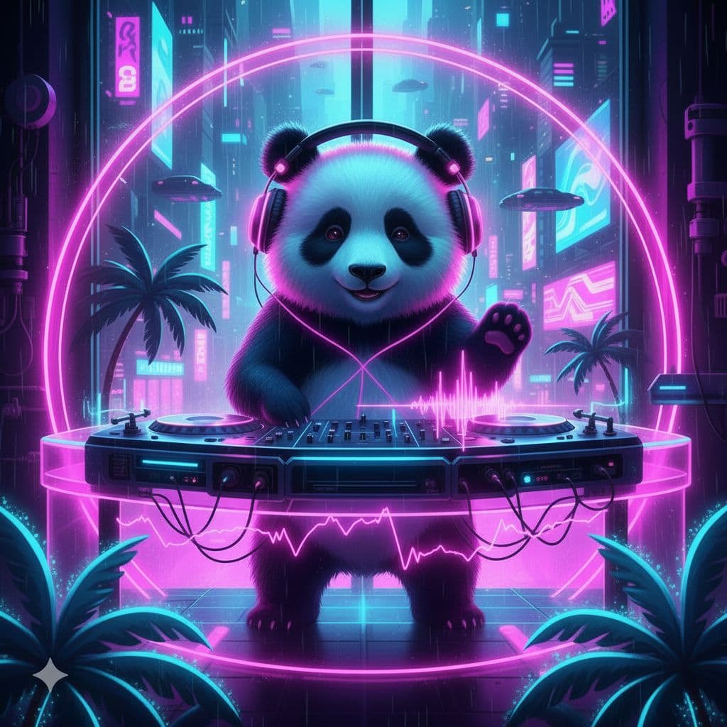 AI generated: A cute panda as a DJ, wearing glowing neon pink headphones. The animal is standing behind a futurist...