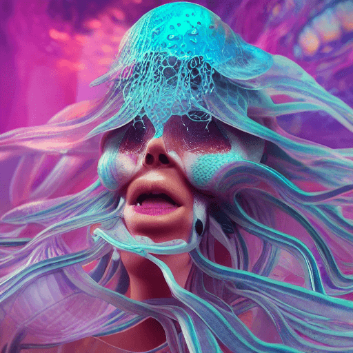 AI generated: Goddess close-up portrait ribcagel. jellyfish phoenix head, nautilus, orchid, skull, betta fish, bio...