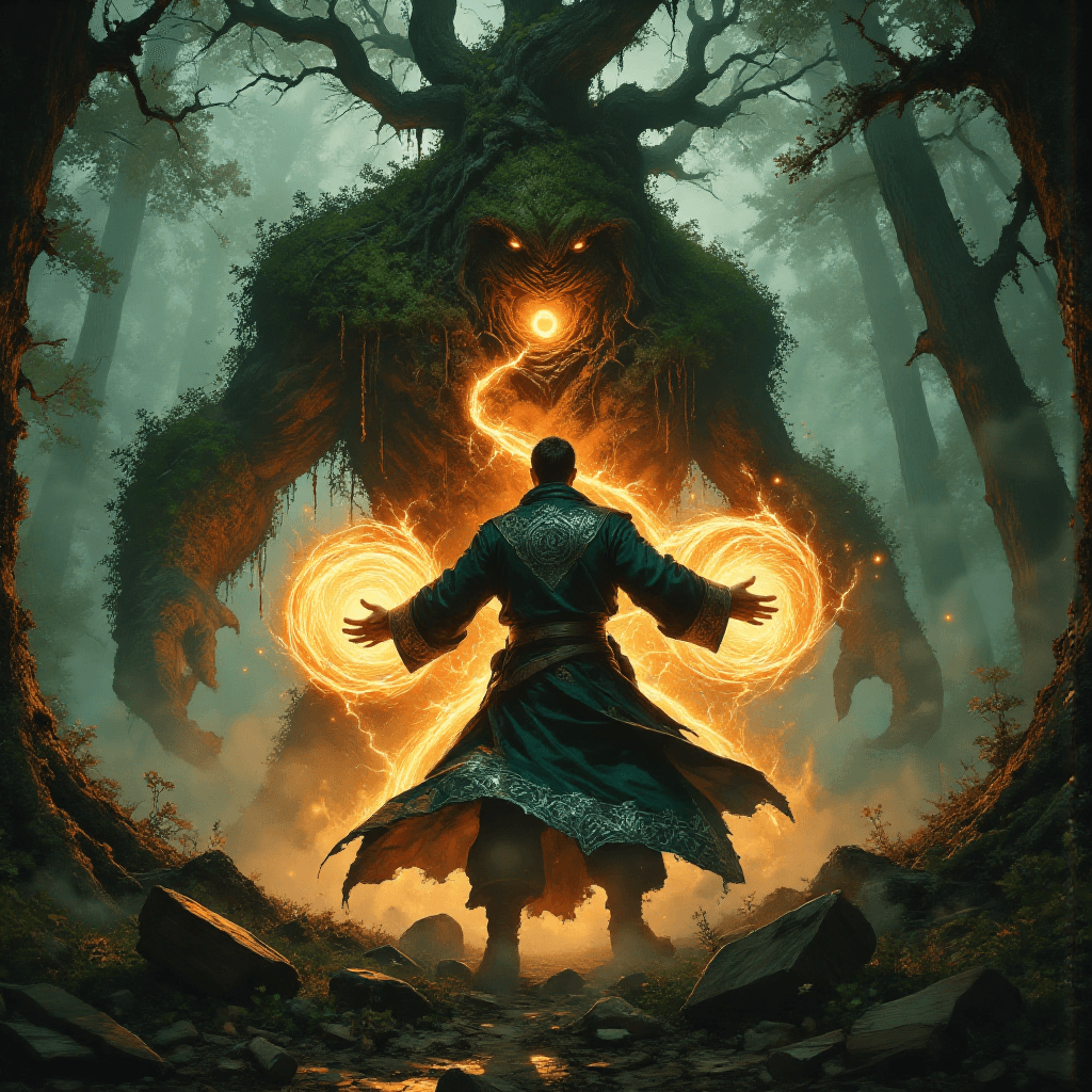 AI generated: Epic confrontation::1.6  
Back-view of a battlemage in tattered arcane robes embroidered with silve...