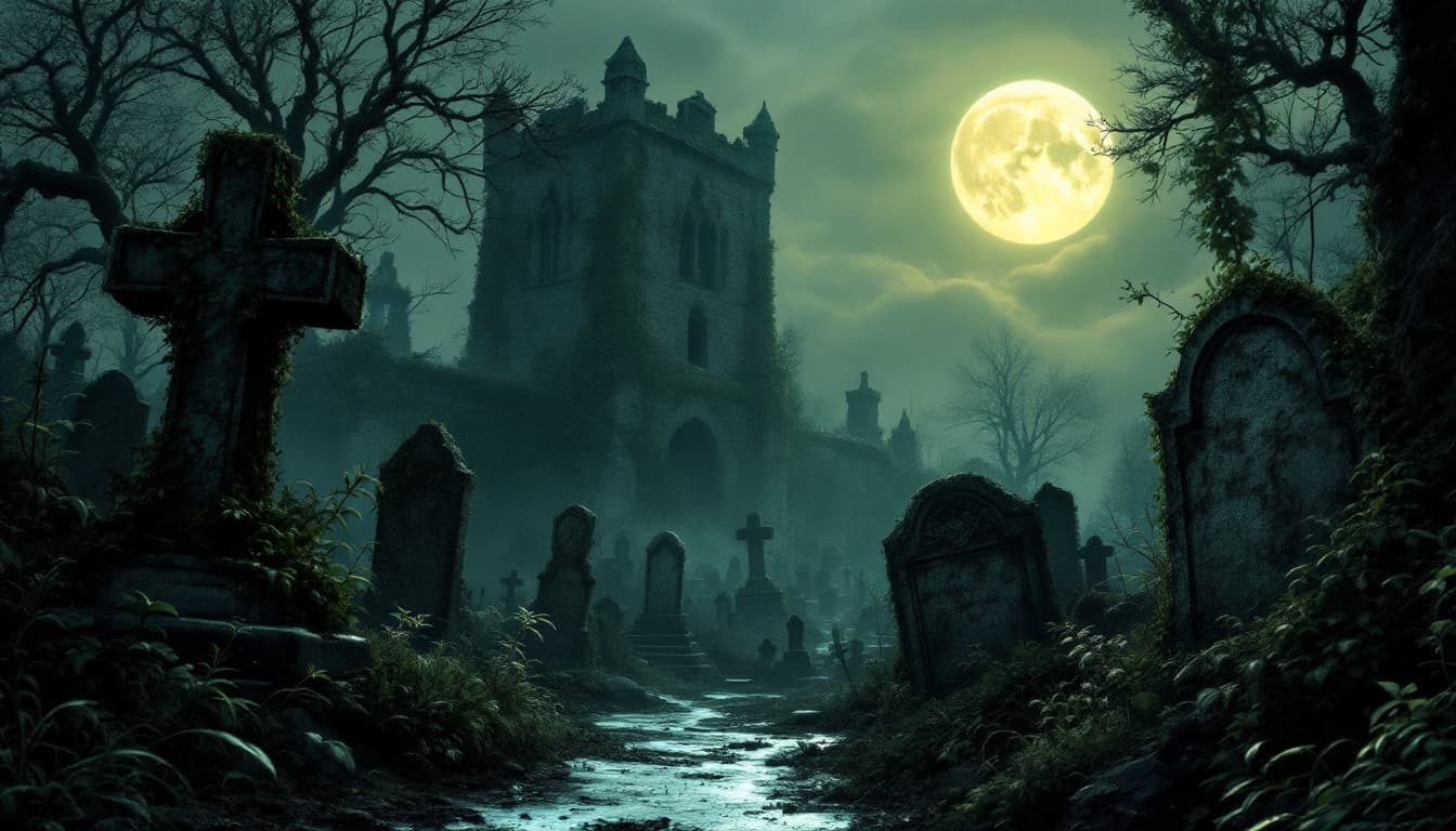 AI generated: The image depicts a hauntingly beautiful graveyard scene under the soft glow of a full moon. The atm...