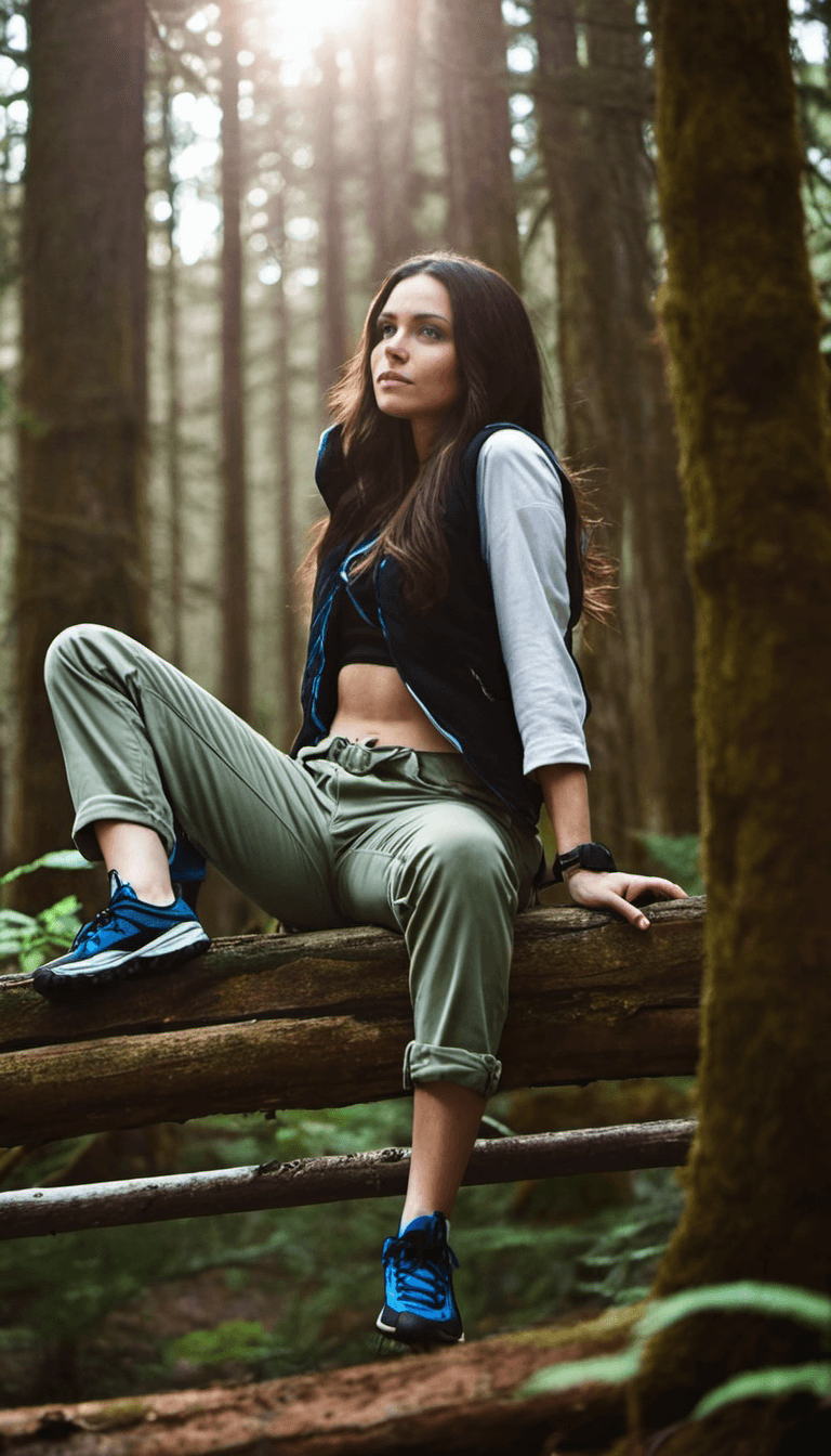 AI generated: Close-up, photograph of, a woman, with long brunette hair, sitting on log in a forest takes a break ...