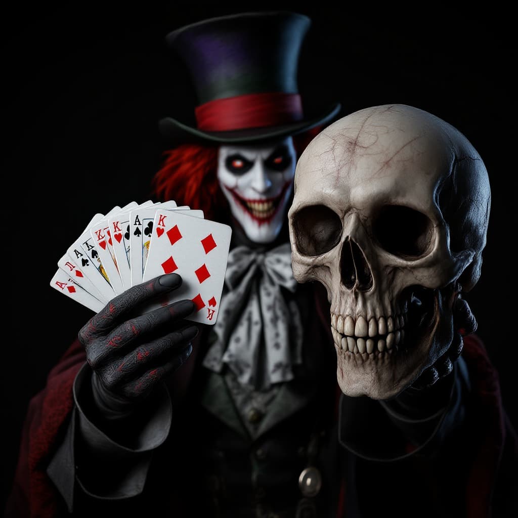 AI generated: Haunted Mad Hatter with poker cards in one hand and skull in other hand, daz3d, by artificial nightm...