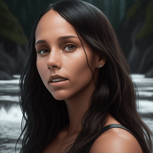 AI generated: Alicia Keys, with long dark hair in front of her face, in the style of sony alpha a7 iii, symmetrica...