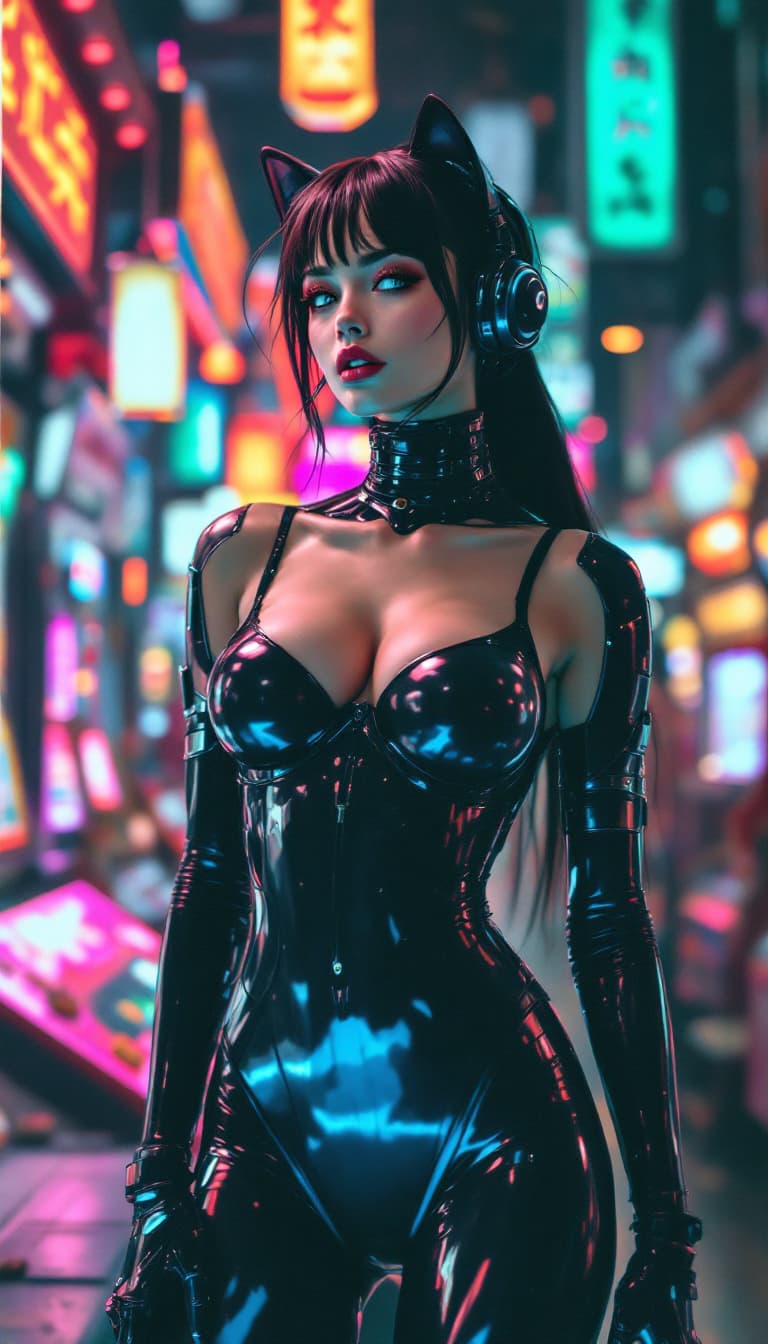 AI generated: Vintage-style retro Japanese art. Keep illustrative. Stunning woman in a sleek, cybernetic catsuit. ...