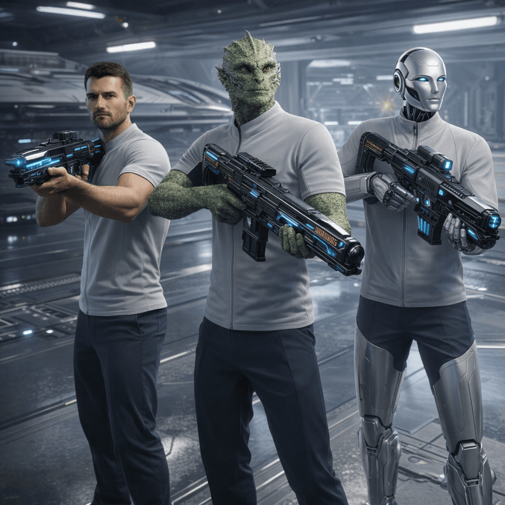 AI generated: Create an image where all the charactes are  holding the reference weapons in a formation. Change ba...